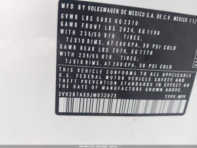 45811133 :رقم المزاد ، 3VV2B7AX9JM073973 vin ، 2018 Volkswagen Tiguan 2.0t Se/2.0t Sel مزاد بيع