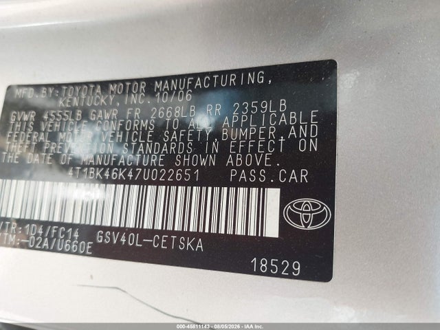 Продажа на аукционе авто 2007 Toyota Camry Se V6, vin: 4T1BK46K47U022651, номер лота: 45811143