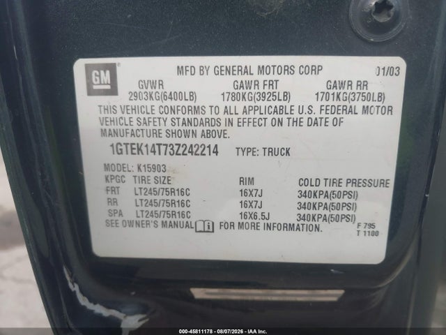 Aukcja sprzedaży 2003 Gmc Sierra 1500 Sle, vin: 1GTEK14T73Z242214, numer aukcji: 45811178
