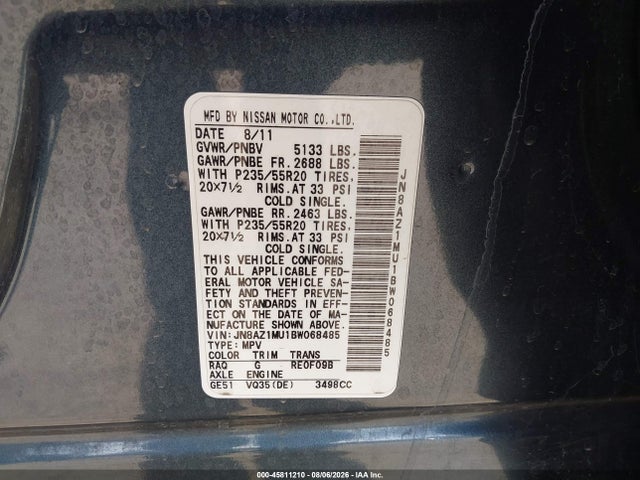 45811210 :رقم المزاد ، JN8AZ1MU1BW068485 vin ، 2011 Nissan Murano Le مزاد بيع