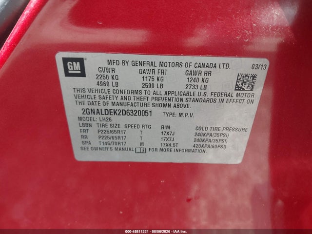 45811221 :رقم المزاد ، 2GNALDEK2D6320051 vin ، 2013 Chevrolet Equinox Lt مزاد بيع