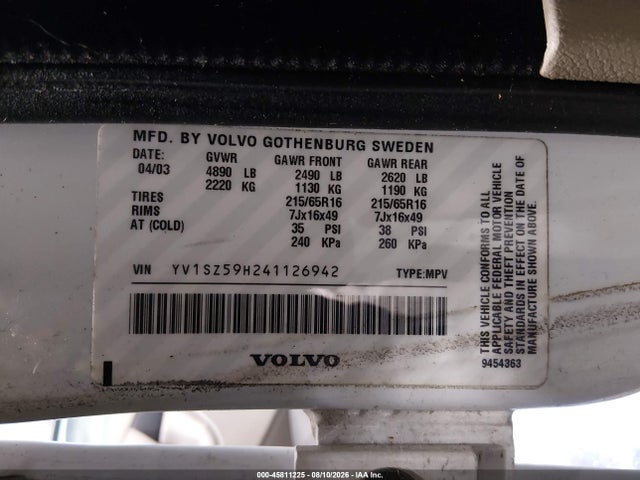 45811225 :رقم المزاد ، YV1SZ59H241126942 vin ، 2004 Volvo Xc70 2.5t مزاد بيع