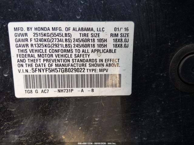 Honda Pilot Ex-l 2016 5FNYF5H57GB029022 Image 9
