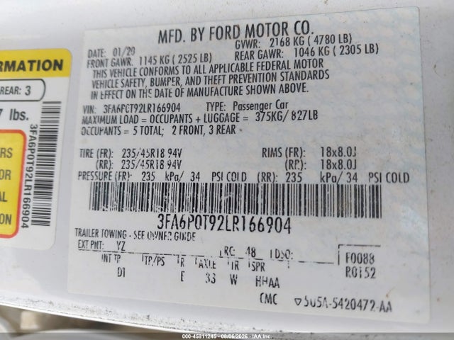 45811245 :رقم المزاد ، 3FA6P0T92LR166904 vin ، 2020 Ford Fusion Se مزاد بيع