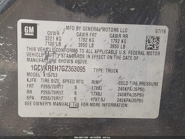 Продажа на аукционе авто 2016 Chevrolet Silverado 1500 Lt, vin: 1GCVKREH7GZ363095, номер лота: 45811260