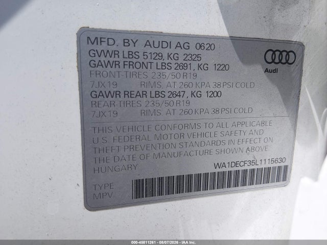 Aukcja sprzedaży 2020 Audi Q3 Premium 45 Tfsi S Line Quattro Tiptronic, vin: WA1DECF35L1115630, numer aukcji: 45811261