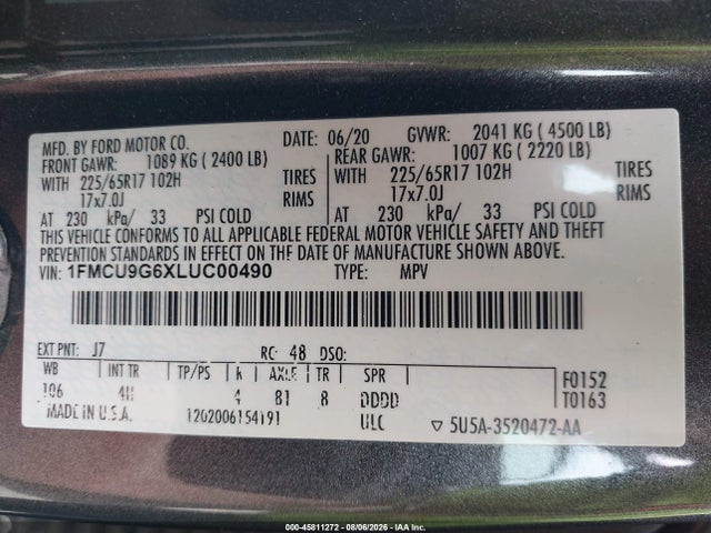 Продаж на аукціоні авто 2020 Ford Escape Se, vin: 1FMCU9G6XLUC00490, номер лоту: 45811272