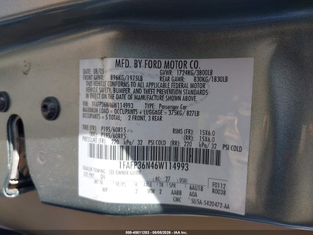 Aukcja sprzedaży 2006 Ford Focus Zxw, vin: 1FAFP36N46W114993, numer aukcji: 45811283