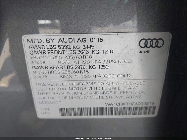 2015 Audi Q5 2.0t Premium მანქანა იყიდება აუქციონზე, vin: WA1CFAFP9FA094818, აუქციონის ნომერი: 45811309