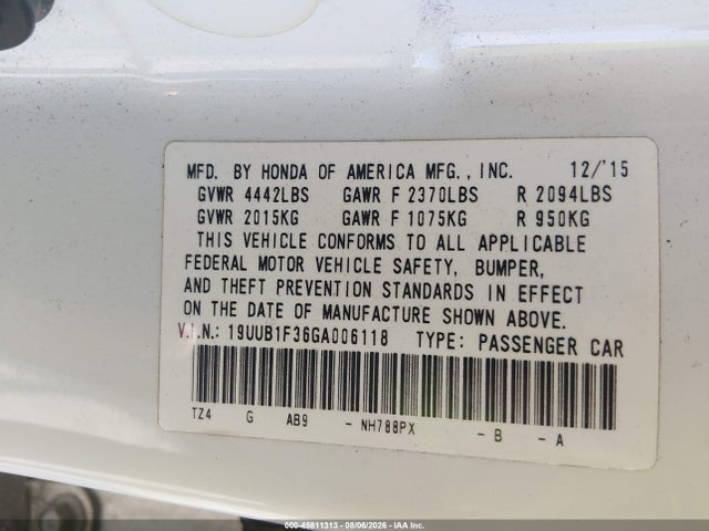 Продажа на аукционе авто 2016 Acura Tlx, vin: 19UUB1F36GA006118, номер лота: 45811313