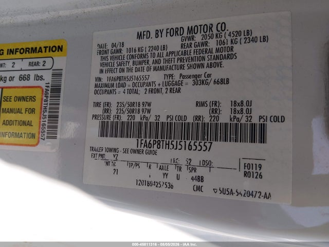 45811316 :رقم المزاد ، 1FA6P8TH5J5165557 vin ، 2018 Ford Mustang Ecoboost مزاد بيع