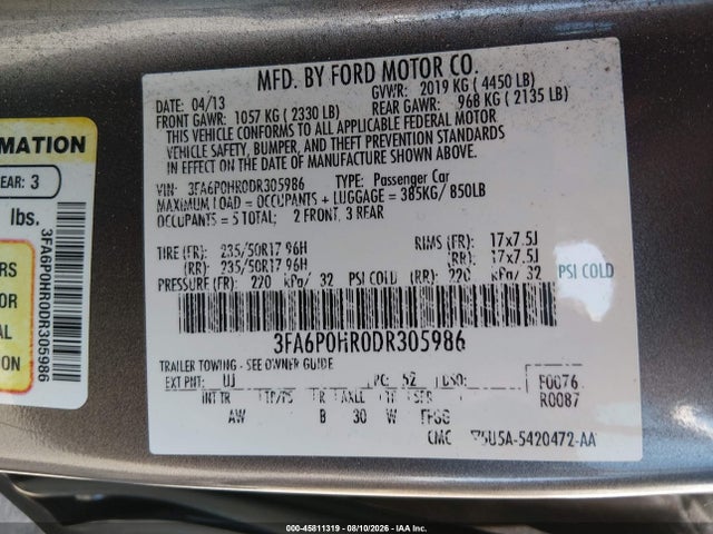 Продажа на аукционе авто 2013 Ford Fusion Se, vin: 3FA6P0HR0DR305986, номер лота: 45811319
