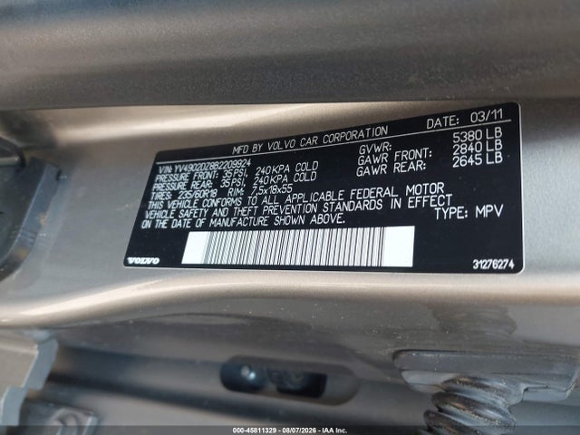 45811329 :رقم المزاد ، YV4902DZ8B2209924 vin ، 2011 Volvo Xc60 T6 مزاد بيع