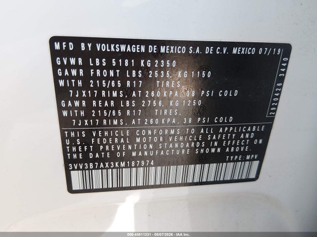 45811331 :رقم المزاد ، 3VV3B7AX3KM187974 vin ، 2019 Volkswagen Tiguan 2.0t Se/2.0t Sel/2.0t Sel R-line/2.0t Sel R-line Black مزاد بيع