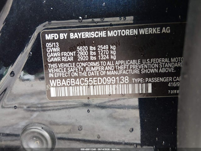 45811346 :رقم المزاد ، WBA6B4C55ED099138 vin ، 2014 Bmw 650i Gran Coupe Xdrive مزاد بيع