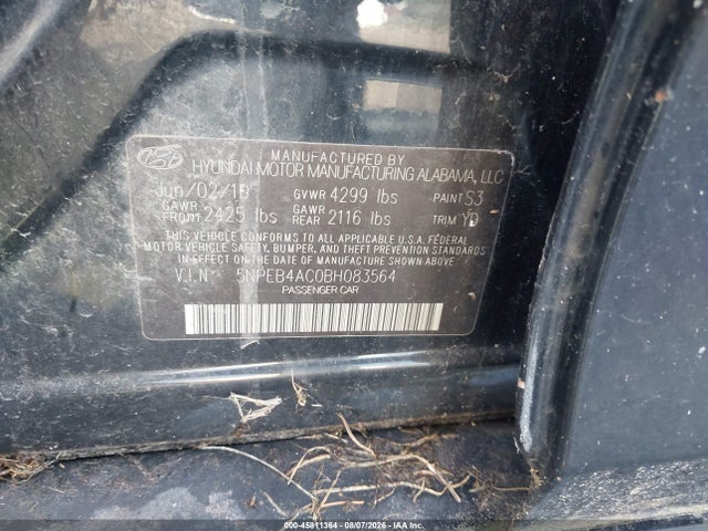 45811364 :رقم المزاد ، 5NPEB4AC0BH083564 vin ، 2011 Hyundai Sonata Gls مزاد بيع