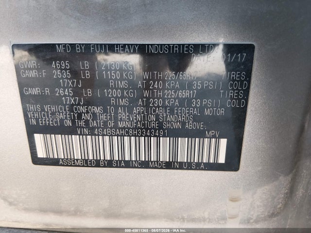 45811365 :رقم المزاد ، 4S4BSAHC8H3343491 vin ، 2017 Subaru Outback 2.5i Premium مزاد بيع