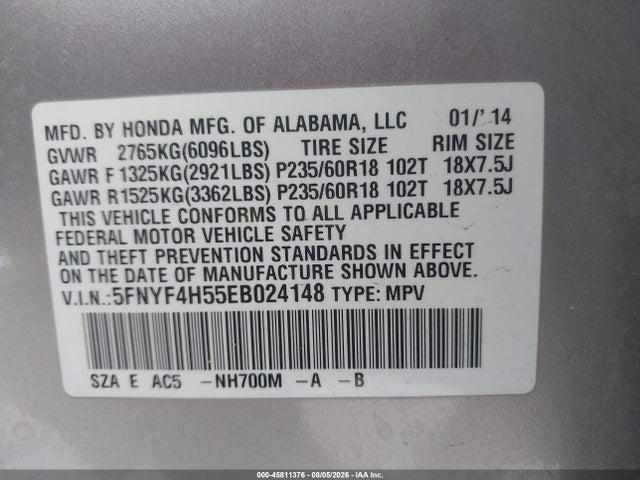 Honda Pilot Ex-l 2014 5FNYF4H55EB024148 Image 9