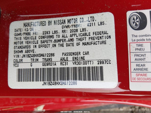 45811381 :رقم المزاد ، JN1BZ4BHXSM412286 vin ، 2025 Nissan Z Performance Automatic Transmission مزاد بيع