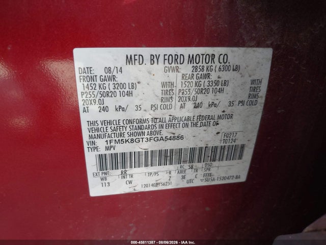 Ford EXPLORER SPORT 2015 1FM5K8GT3FGA54886 Image 9