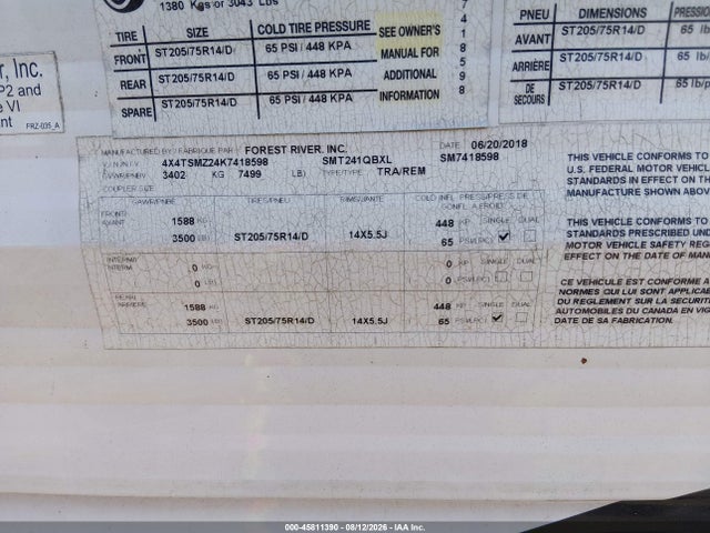 Aukcja sprzedaży 2019 Forest River Other, vin: 4X4TSMZ24K7418598, numer aukcji: 45811390
