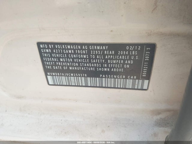2012 Volkswagen Golf 2.5l 4-door მანქანა იყიდება აუქციონზე, vin: WVWDB7AJ8CW259378, აუქციონის ნომერი: 45811404