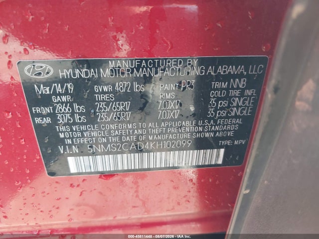 45811448 :رقم المزاد ، 5NMS2CAD4KH102099 vin ، 2019 Hyundai Santa Fe Se مزاد بيع