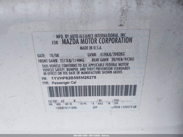 2009 Mazda Mazda6 S Grand Touring მანქანა იყიდება აუქციონზე, vin: 1YVHP82B595M28278, აუქციონის ნომერი: 45811449