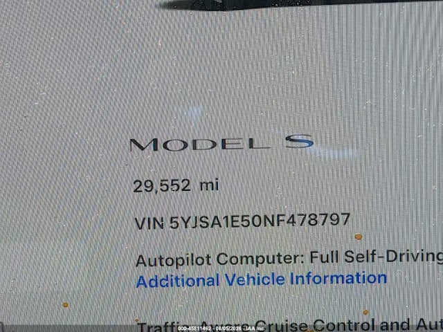45811462 :رقم المزاد ، 5YJSA1E50NF478797 vin ، 2022 Tesla Model S Dual Motor All-wheel Drive مزاد بيع