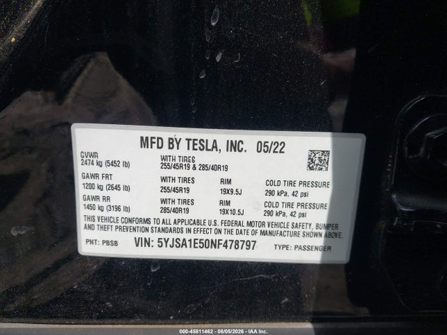 45811462 :رقم المزاد ، 5YJSA1E50NF478797 vin ، 2022 Tesla Model S Dual Motor All-wheel Drive مزاد بيع