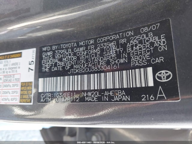 45811463 :رقم المزاد ، JTDKB20U383304161 vin ، 2008 Toyota Prius مزاد بيع