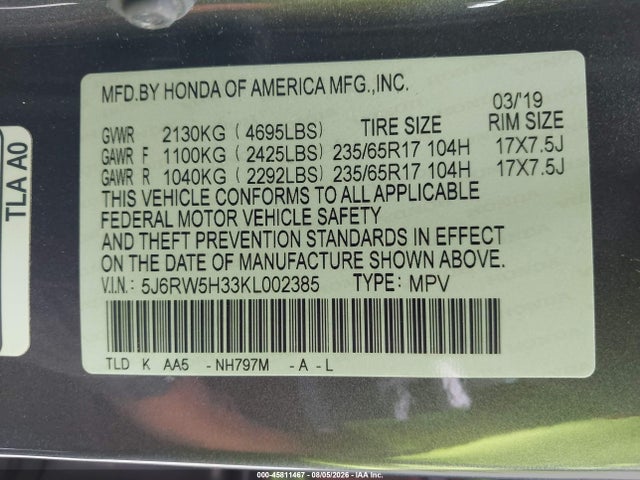 Honda CR-V LX 2019 5J6RW5H33KL002385 Image 9