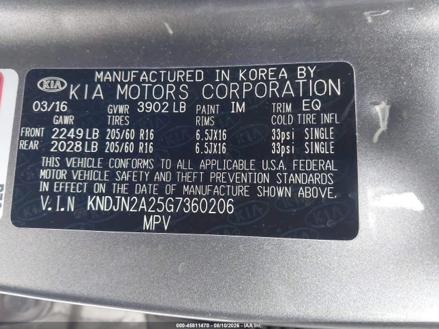 Aukcja sprzedaży 2016 Kia Soul, vin: KNDJN2A25G7360206, numer aukcji: 45811470
