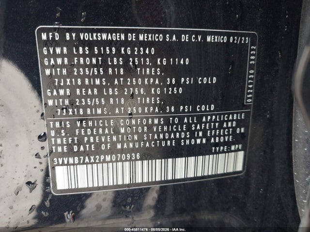 Aukcja sprzedaży 2023 Volkswagen Tiguan 2.0t Se, vin: 3VVNB7AX2PM070936, numer aukcji: 45811476