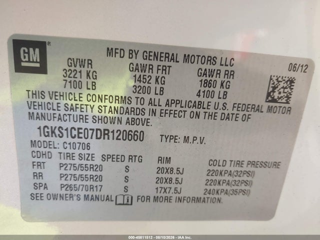 45811512 :رقم المزاد ، 1GKS1CE07DR120660 vin ، 2013 Gmc Yukon Slt مزاد بيع