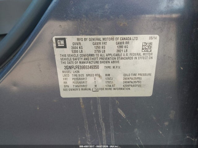 2014 Chevrolet Equinox 1lt მანქანა იყიდება აუქციონზე, vin: 2GNFLFE39E6349350, აუქციონის ნომერი: 45811517