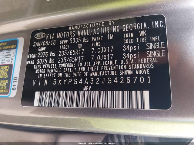 KIA Sorento 2.4l Lx 2018 5XYPG4A32JG426701 Image 9