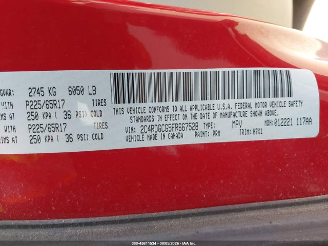 Aukcja sprzedaży 2015 Dodge Grand Caravan Sxt, vin: 2C4RDGCG5FR667528, numer aukcji: 45811534