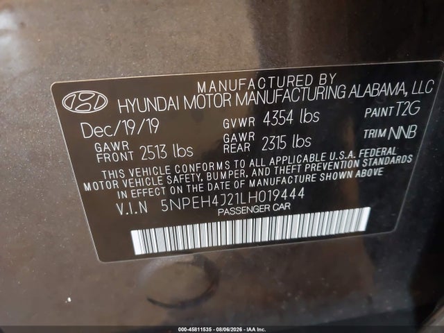 Aukcja sprzedaży 2020 Hyundai Sonata Limited, vin: 5NPEH4J21LH019444, numer aukcji: 45811535