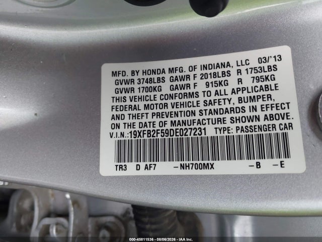 45811536 :رقم المزاد ، 19XFB2F59DE027231 vin ، 2013 Honda Civic Lx مزاد بيع