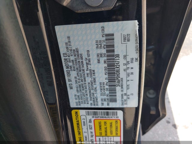 45811538 :رقم المزاد ، 3FA6P0HD8LR247130 vin ، 2020 Ford Fusion Se مزاد بيع