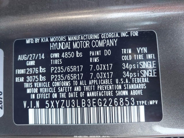 2014 Hyundai Santa Fe Sport 2.4l მანქანა იყიდება აუქციონზე, vin: 5XYZU3LB3EG226853, აუქციონის ნომერი: 45811554