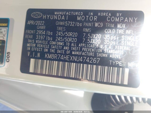 Продажа на аукционе авто 2022 Hyundai Palisade Calligraphy, vin: KM8R74HEXNU474267, номер лота: 45811559