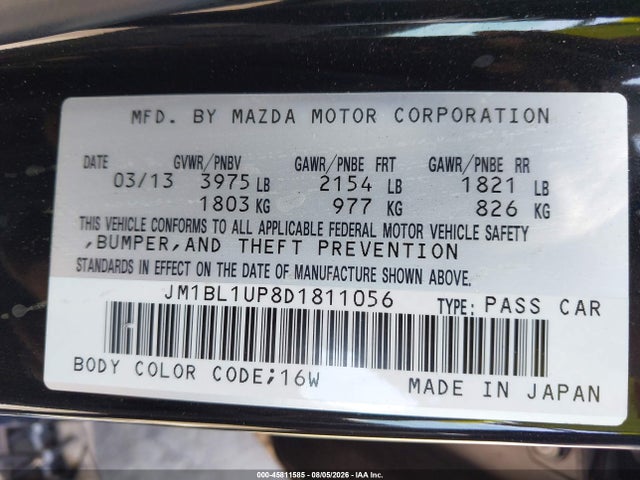 Aukcja sprzedaży 2013 Mazda Mazda3 I Sport, vin: JM1BL1UP8D1811056, numer aukcji: 45811585