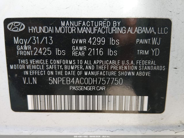 45811592 :رقم المزاد ، 5NPEB4AC0DH757750 vin ، 2013 Hyundai Sonata Gls مزاد بيع
