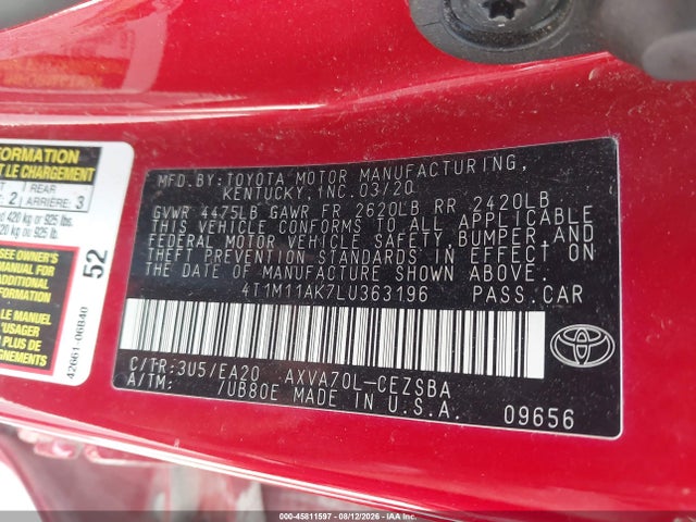 Aukcja sprzedaży 2020 Toyota Camry Se, vin: 4T1M11AK7LU363196, numer aukcji: 45811597