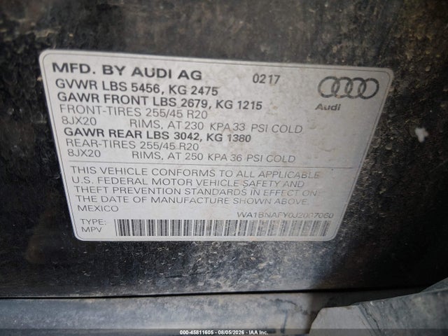 2018 Audi Q5 2.0t Premium/2.0t Tech Premium მანქანა იყიდება აუქციონზე, vin: WA1BNAFY0J2007060, აუქციონის ნომერი: 45811605
