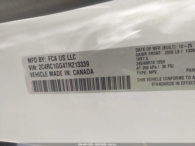 45811609 :رقم المزاد ، 2C4RC1GG4TR213339 vin ، 2026 Chrysler Pacifica Limited مزاد بيع