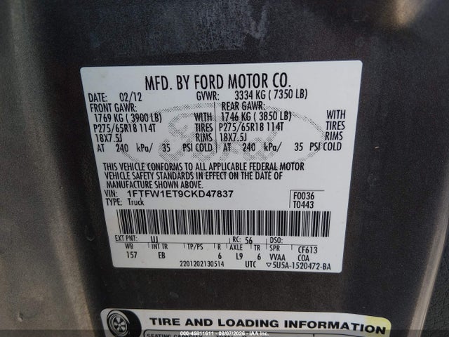 Aukcja sprzedaży 2012 Ford F-150 Lariat, vin: 1FTFW1ET9CKD47837, numer aukcji: 45811611
