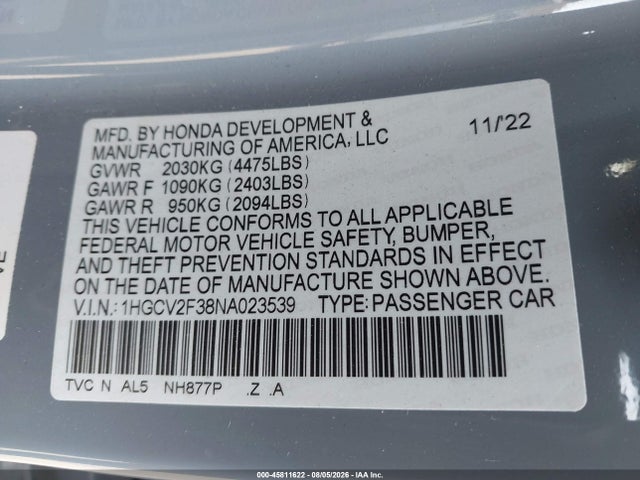 1HGCV2F38NA023539 Honda Accord Sport 2.0t